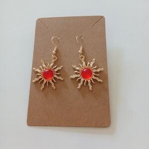 Gold Sunburst Earrings with Red Accents